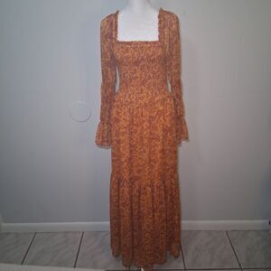 Orange Floral Sheer Maxi Dress Sz M Cottage Coqutte Regency Ethereal Festival